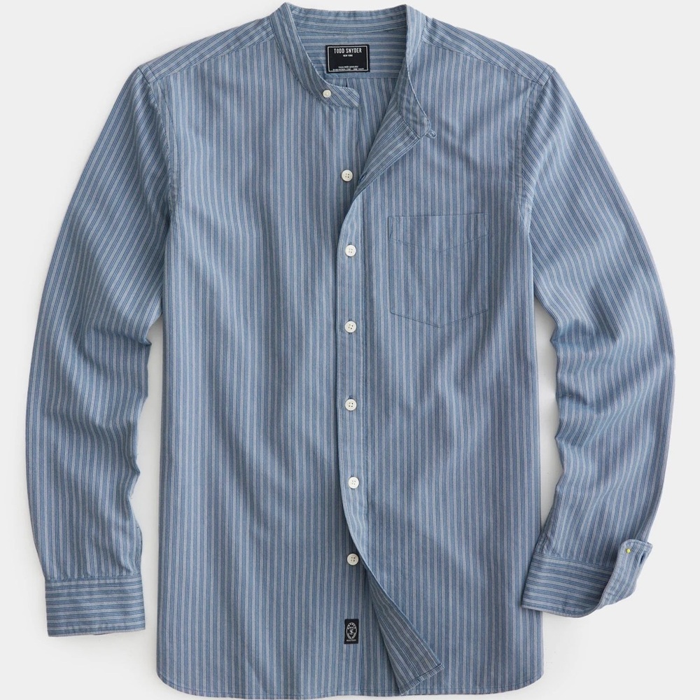 Todd Snyder Indigo Striped Band Collar Shirt